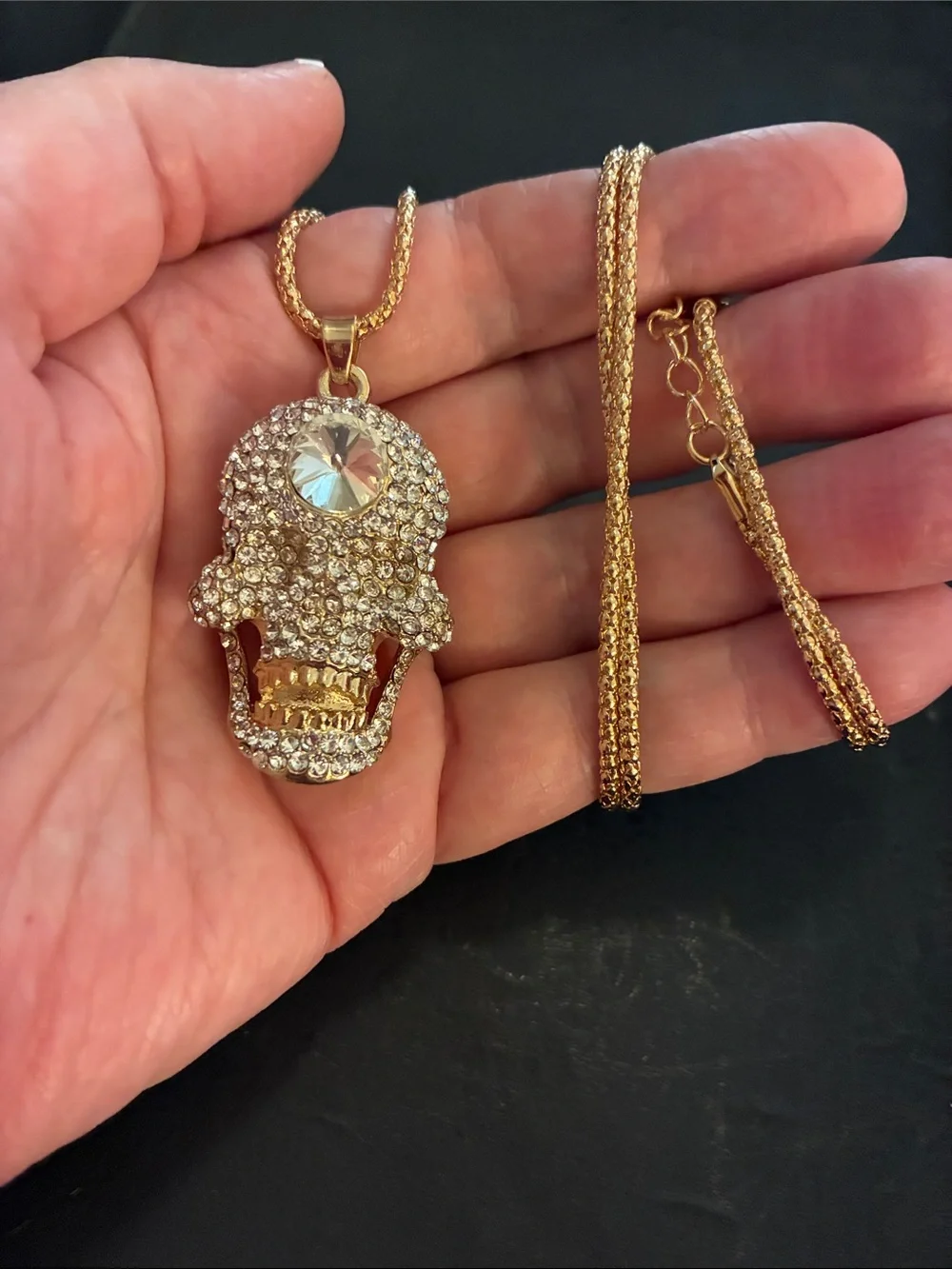 Crystal Gold Tone Skull Pendant Necklace